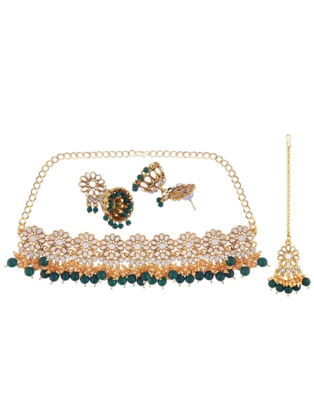 

Efulgenz Gold-Plated Green Crystal Studded Traditional Bridal Jewellery Set