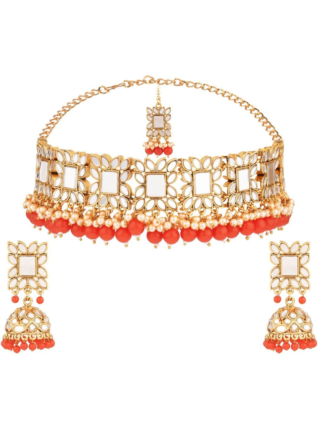 

Efulgenz Gold-Plated & Red Crystal Studded Jewellery Set