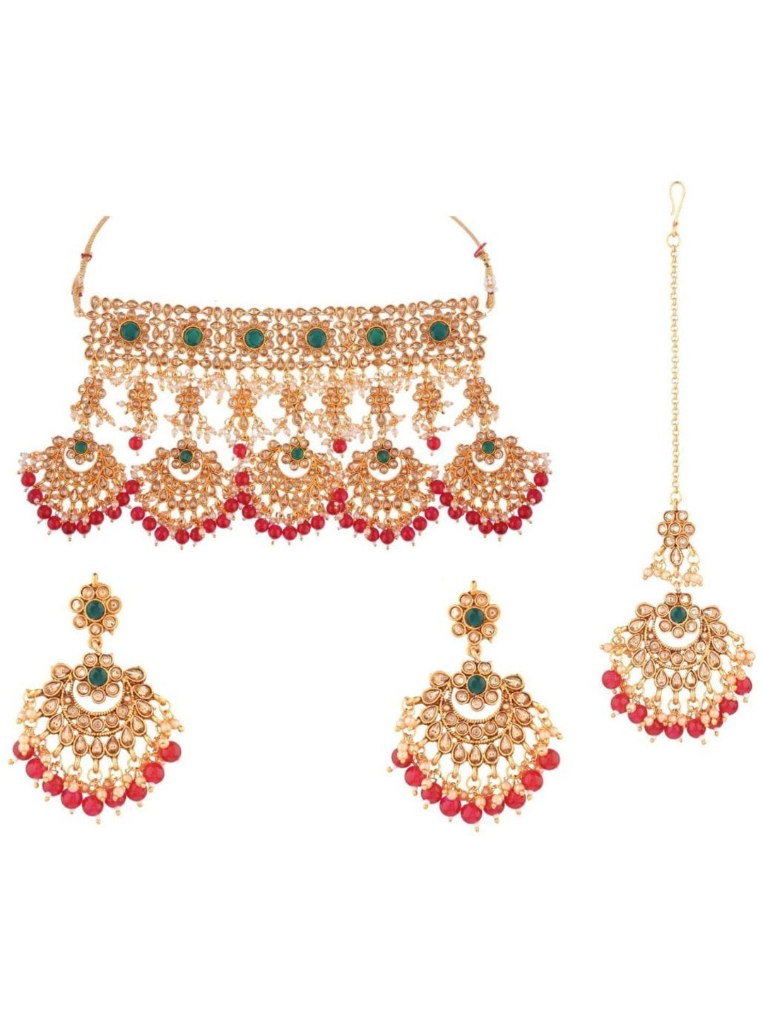 

Efulgenz Gold-Plated Green & Red Kundan Jewellery Set, Multi