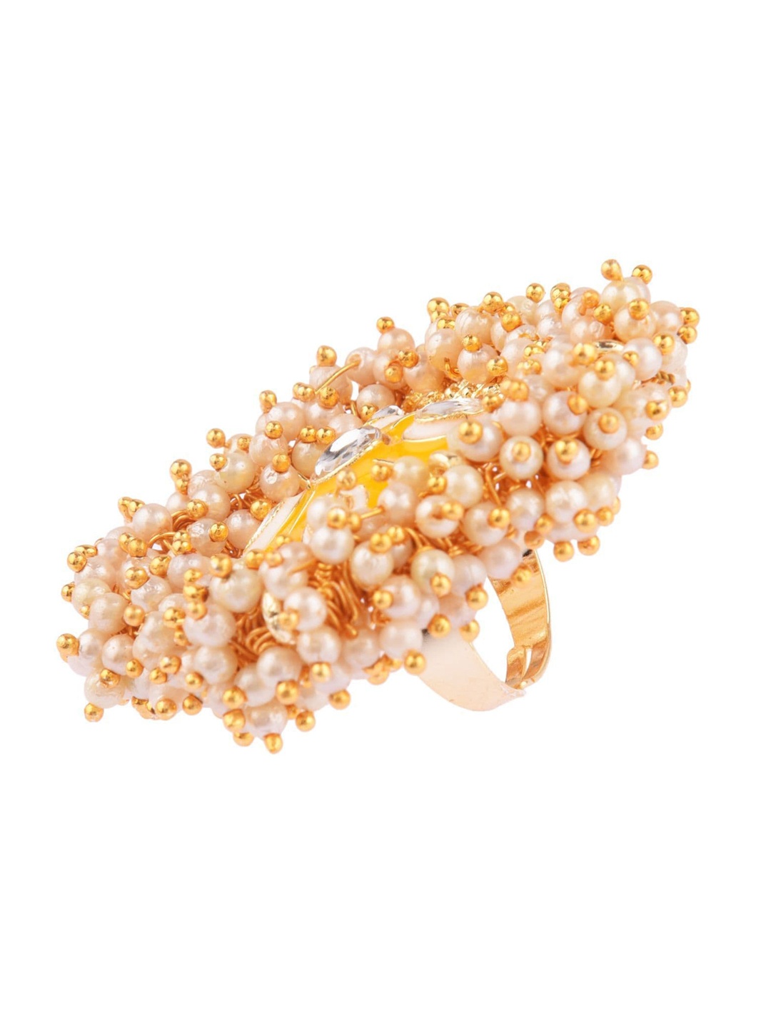 

Efulgenz Gold-Plated White & Yellow Kundan-Studded & Pearl-Beaded Finger Ring