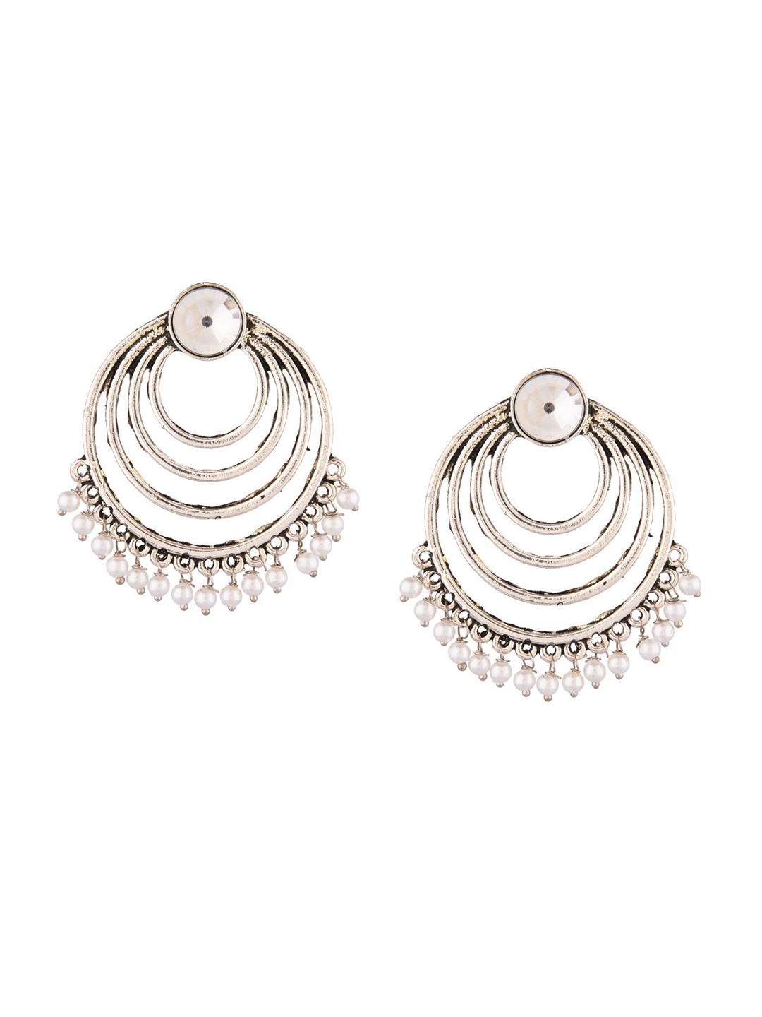 

Efulgenz White & Silver-Toned Rhodium-Plated Oxidised Crystals Studded Drop Earrings