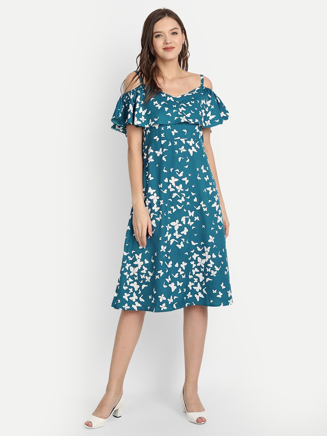 

ISAM Teal Floral Print Off Shoulder Fit and Flare Midi Dress