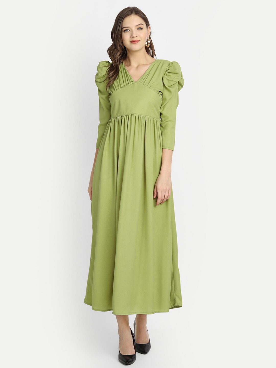 

ISAM Olive Green Solid Leg-of-mutton Sleeved Fit & Flare Maxi Dress