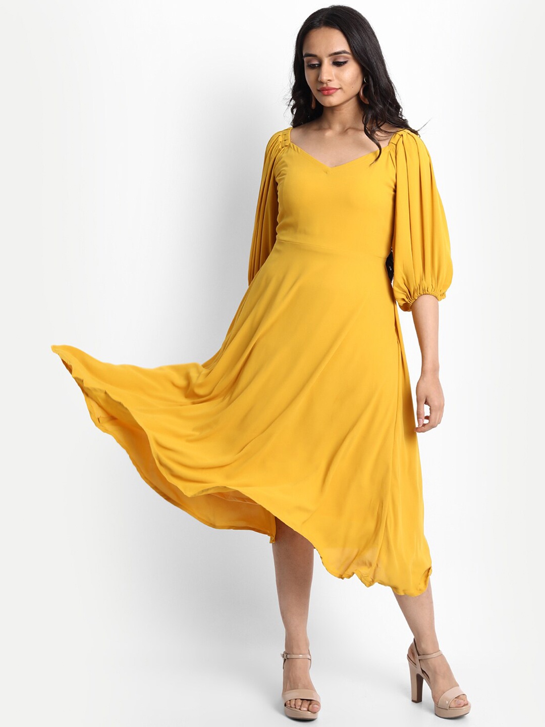 

ISAM Mustard Yellow Solid Fit & Flare Midi Dress