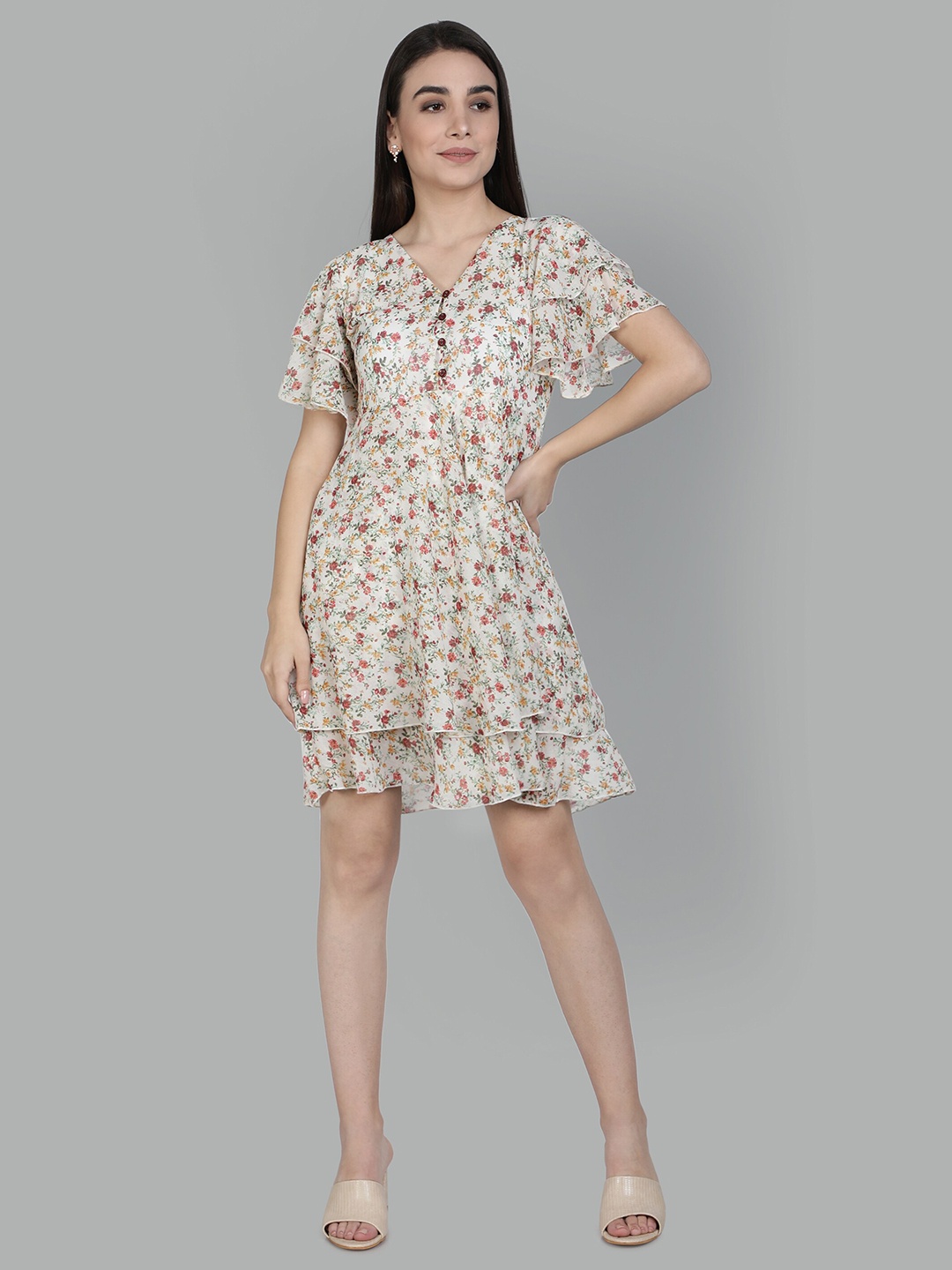 

ISAM Off White & Pink Floral Printed Layered Fit & Flare Dress