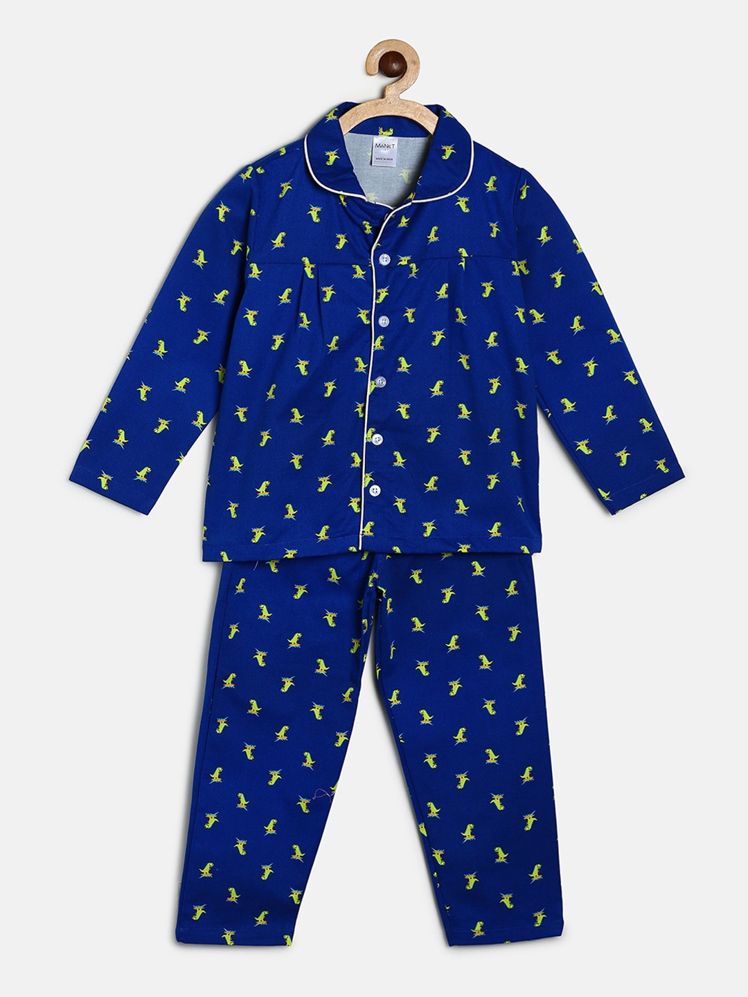 

MANET Girls Blue & Yellow Dinosaur Cotton Printed Night suit