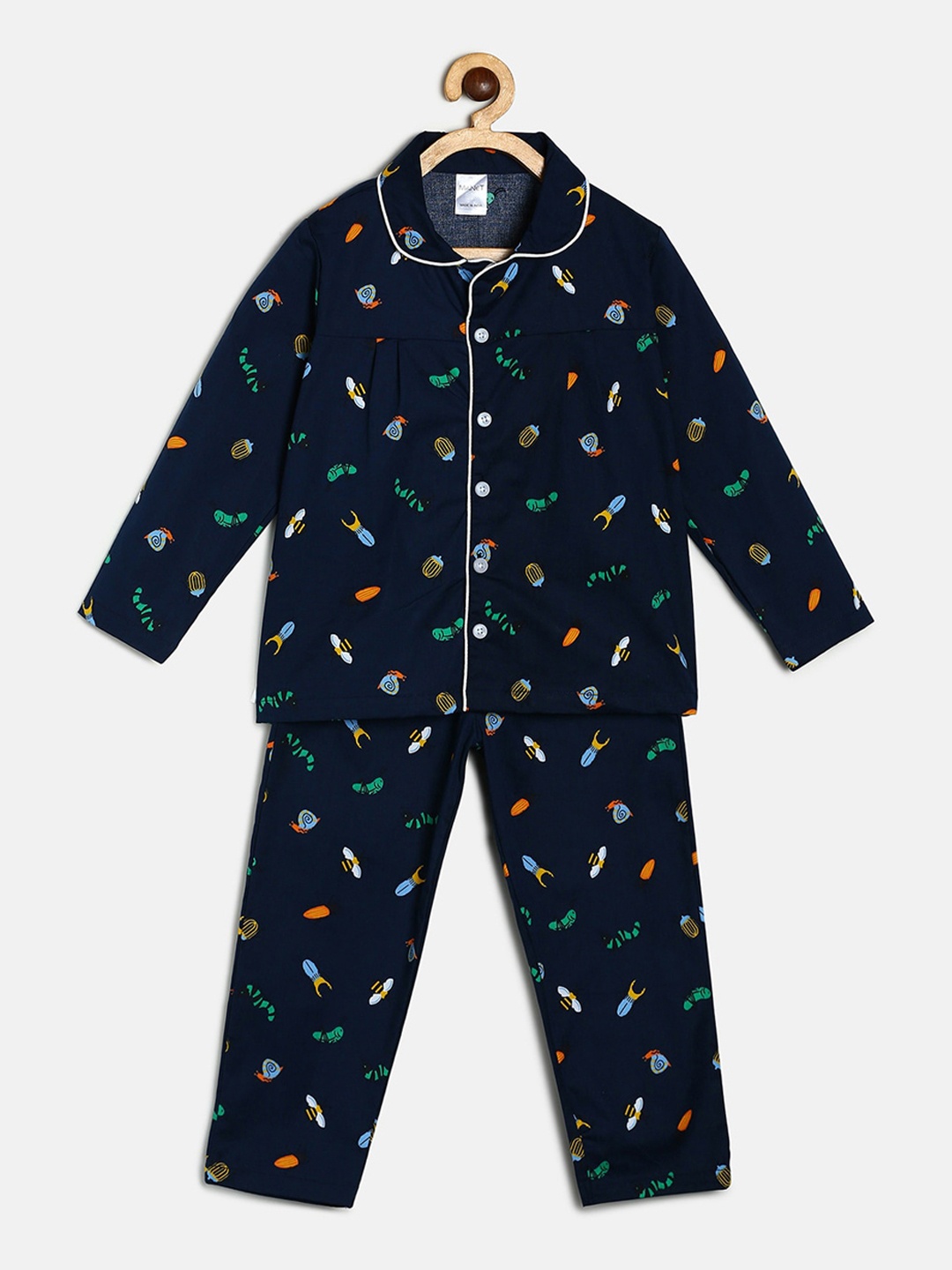 

MANET Girls Navy Blue & Pink Printed Pure Cotton Night suit