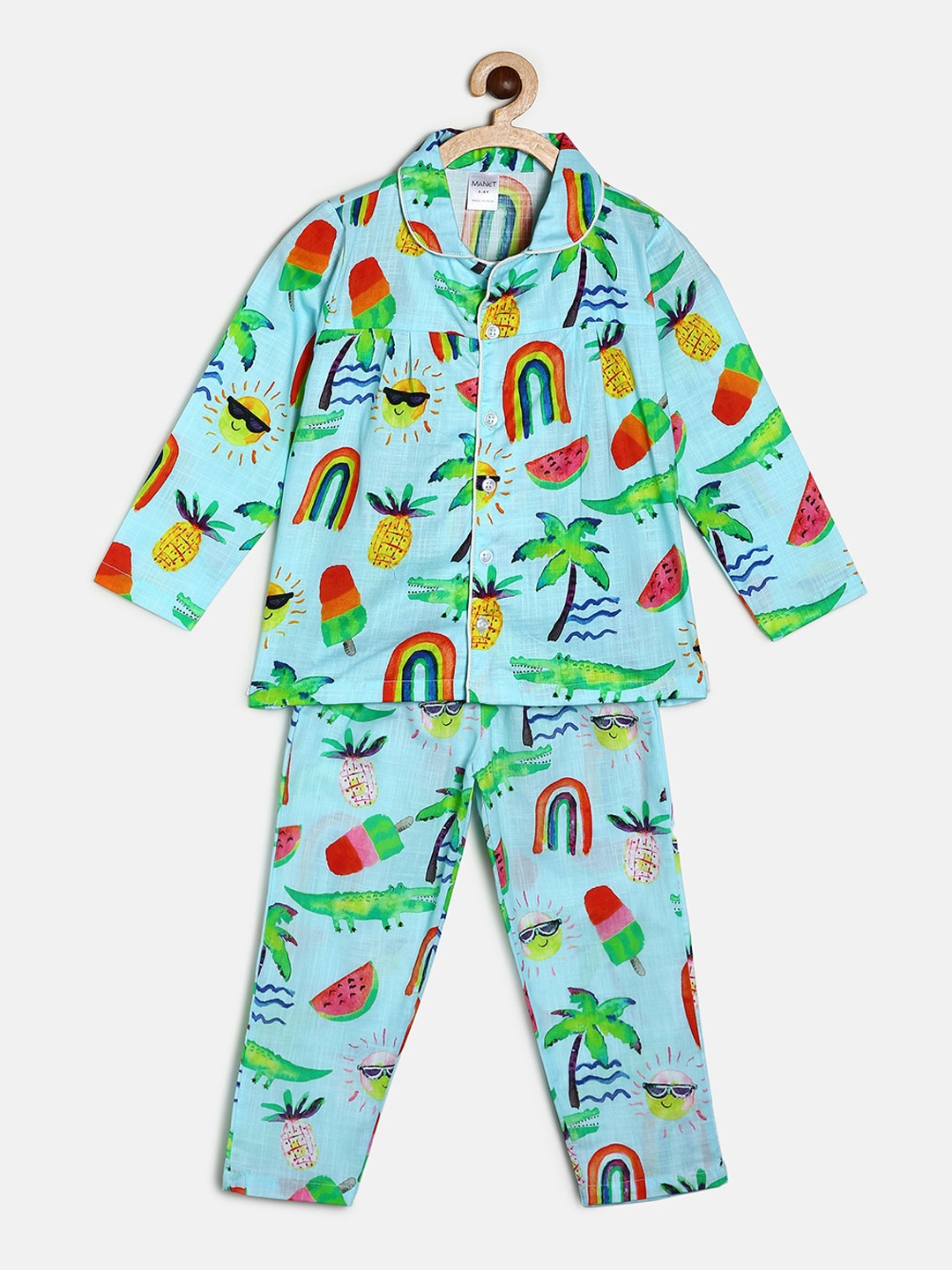 

MANET Girls Blue & Red Printed Pure Cotton Night suit