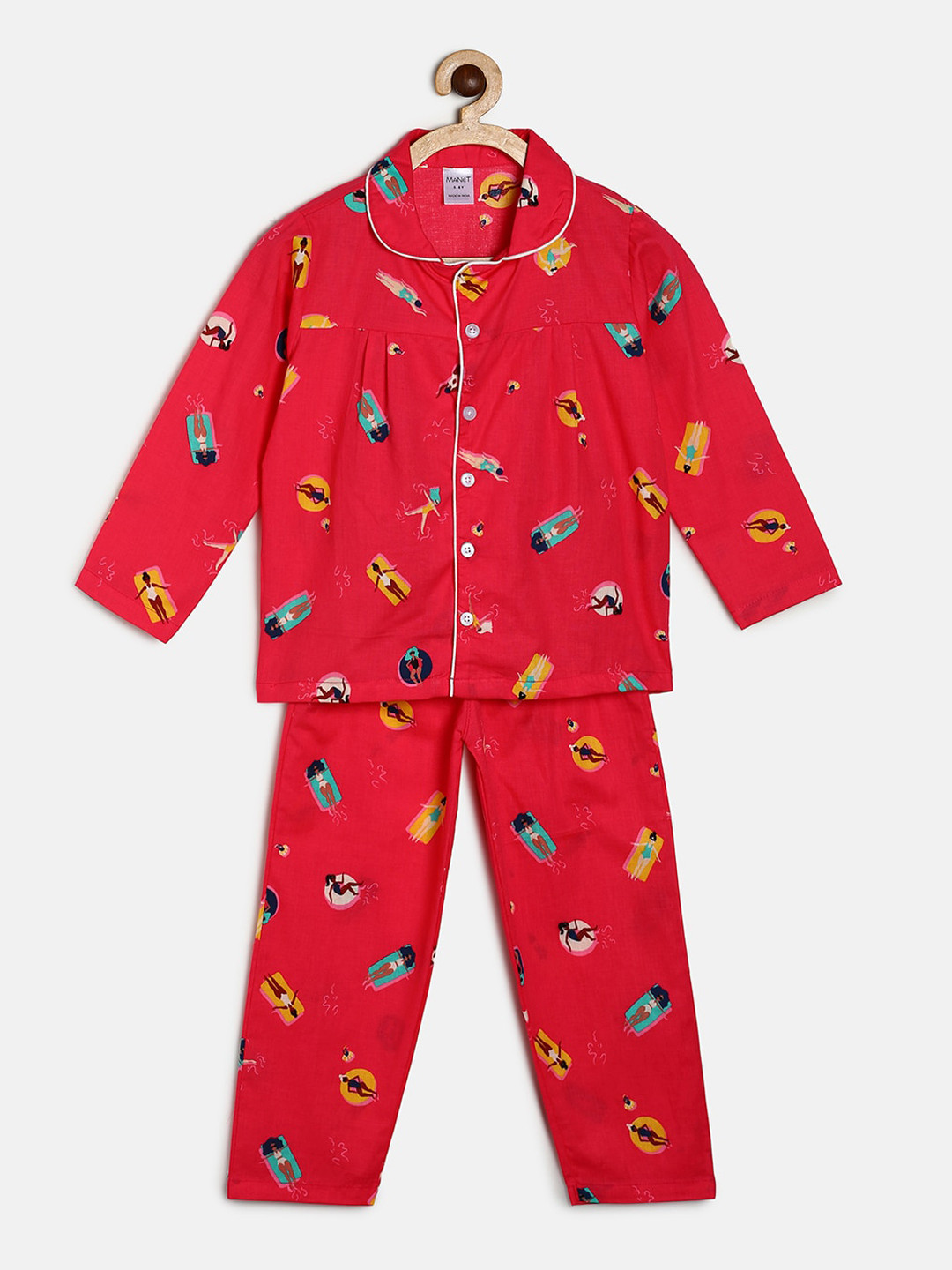 

MANET Girls Red & Blue Printed Pure Cotton Night suit