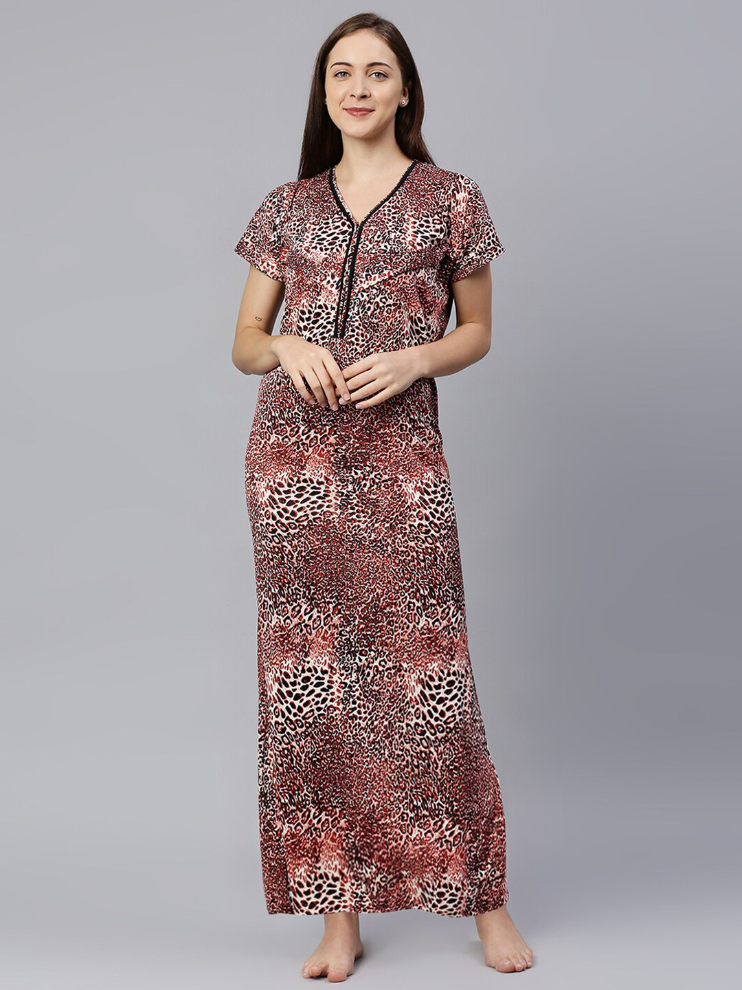 

Pretty Awesome Maroon Printed Maternity Feeding Maxi Nightdress