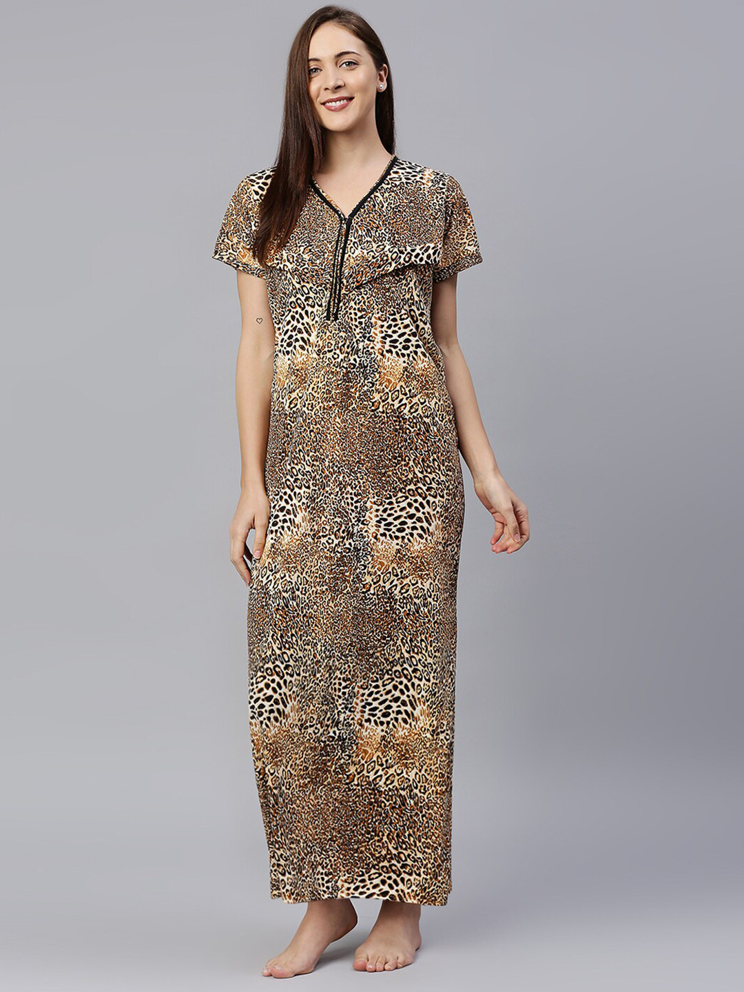 

Pretty Awesome Beige Printed Maternity Feeding Maxi Nightdress