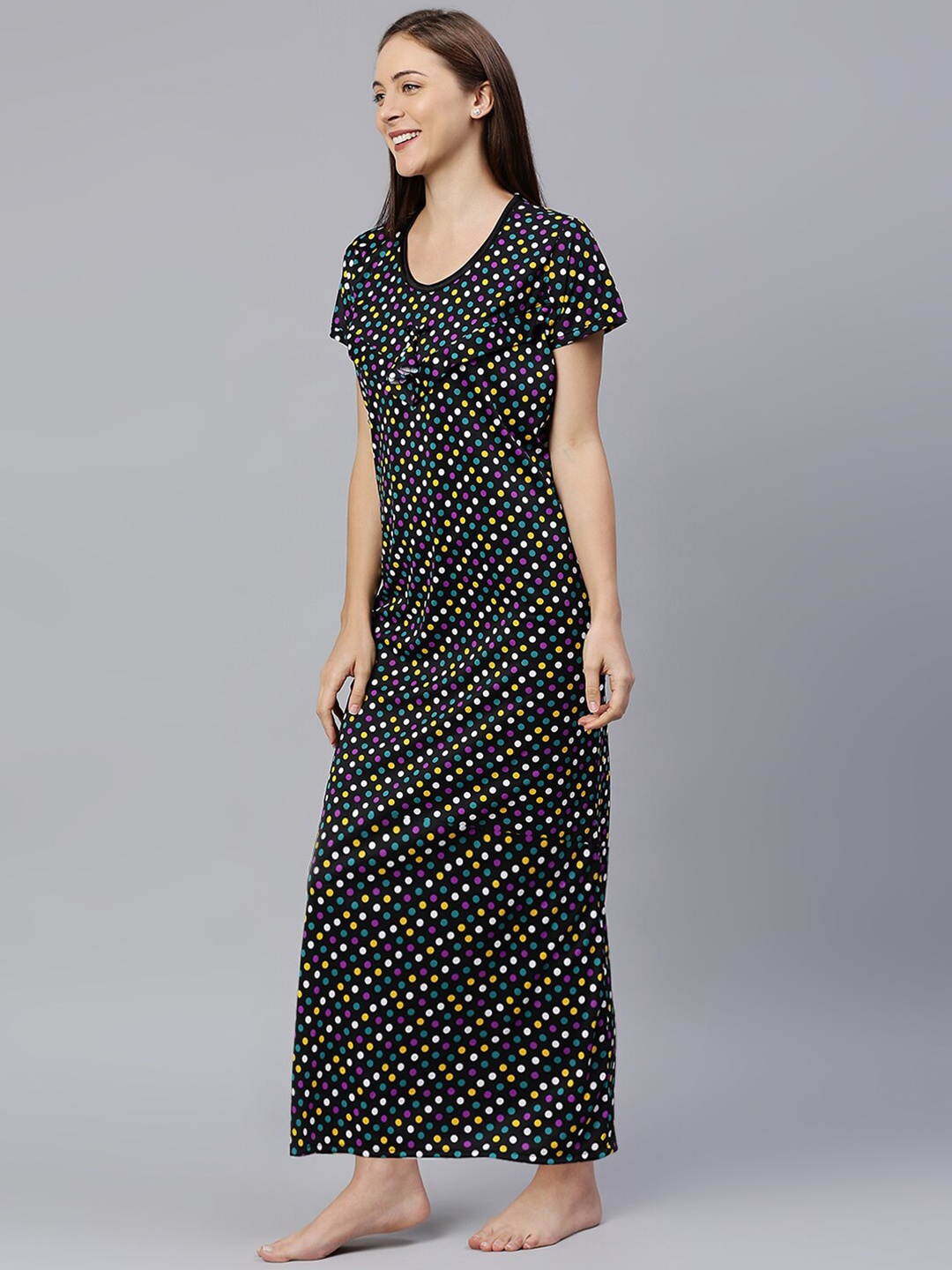 

Pretty Awesome Black Printed Maternity Feeding Maxi Nightdress