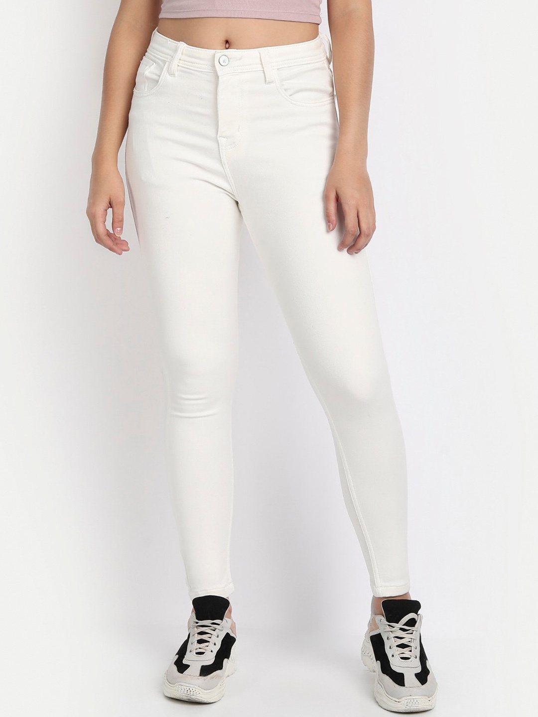 

BROADSTAR Women White Skinny Fit High-Rise Mildly Distressed Jeans
