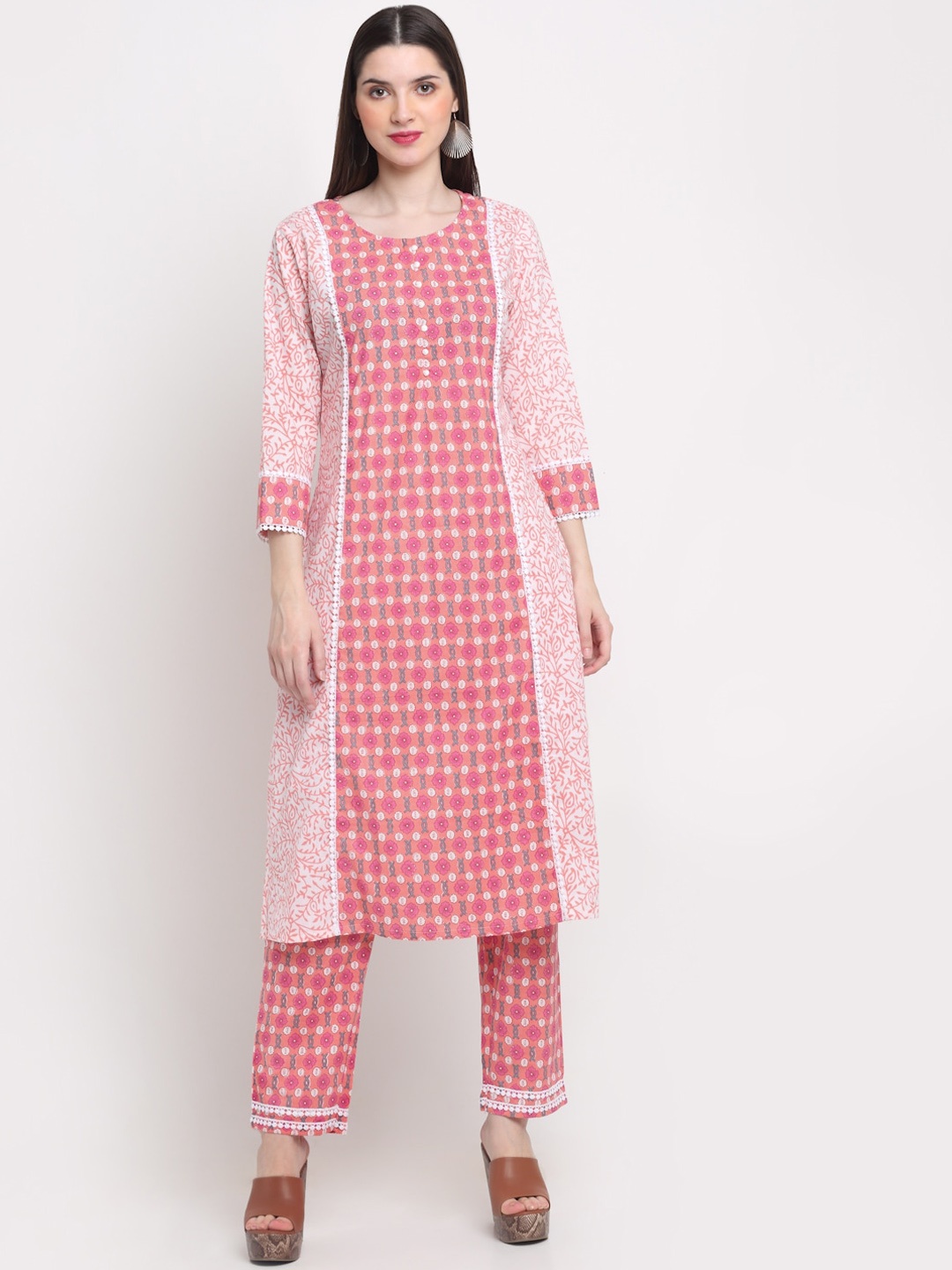 

KALINI Women Pink Yoke Design Panelled Pure Cotton Kurta with Trousers & With Dupatta