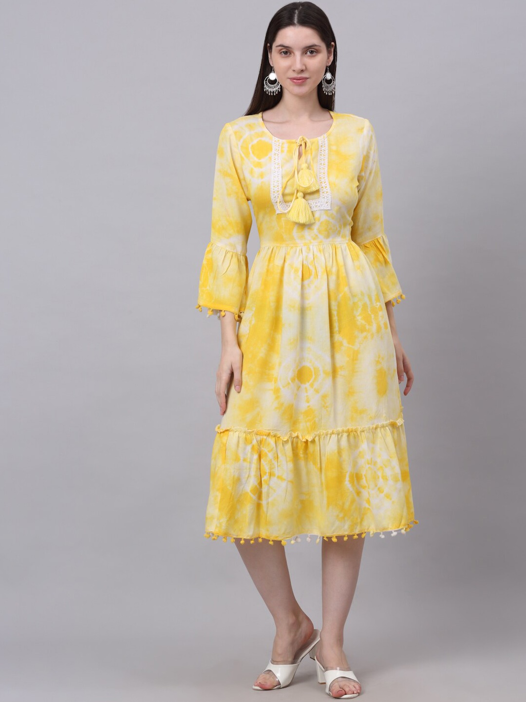 

KALINI Women Yellow Floral Yoke Design Flared Sleeves Kurta