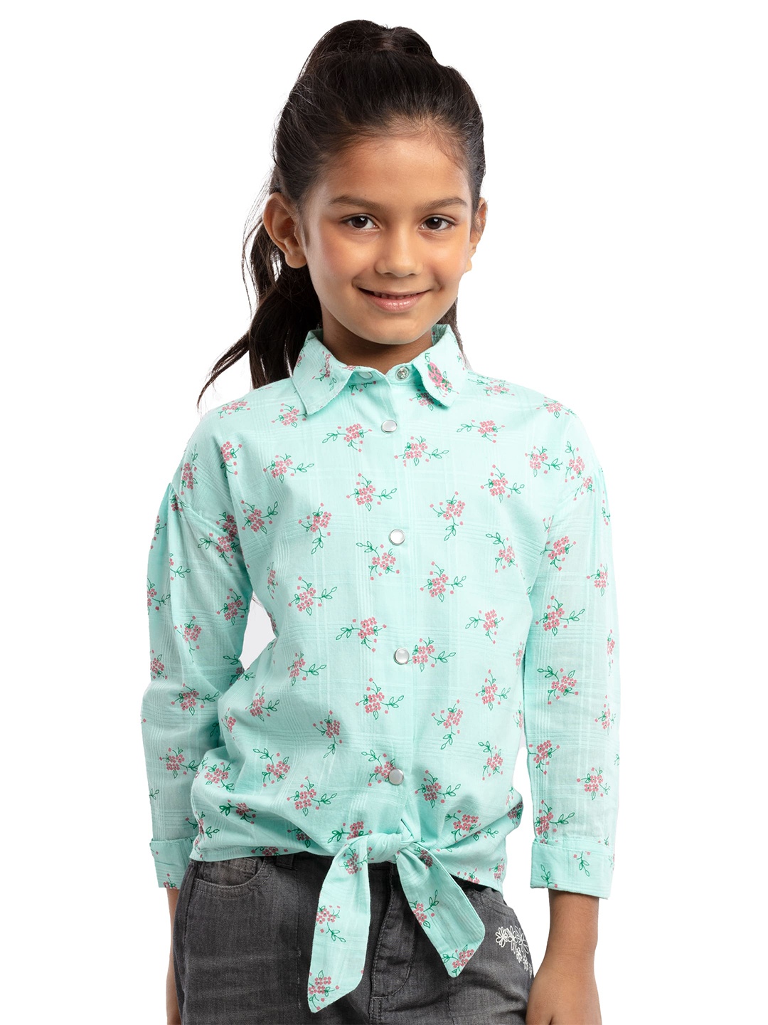 

UNDER FOURTEEN ONLY Kids Girls Green Floral Print Shirt Style Top