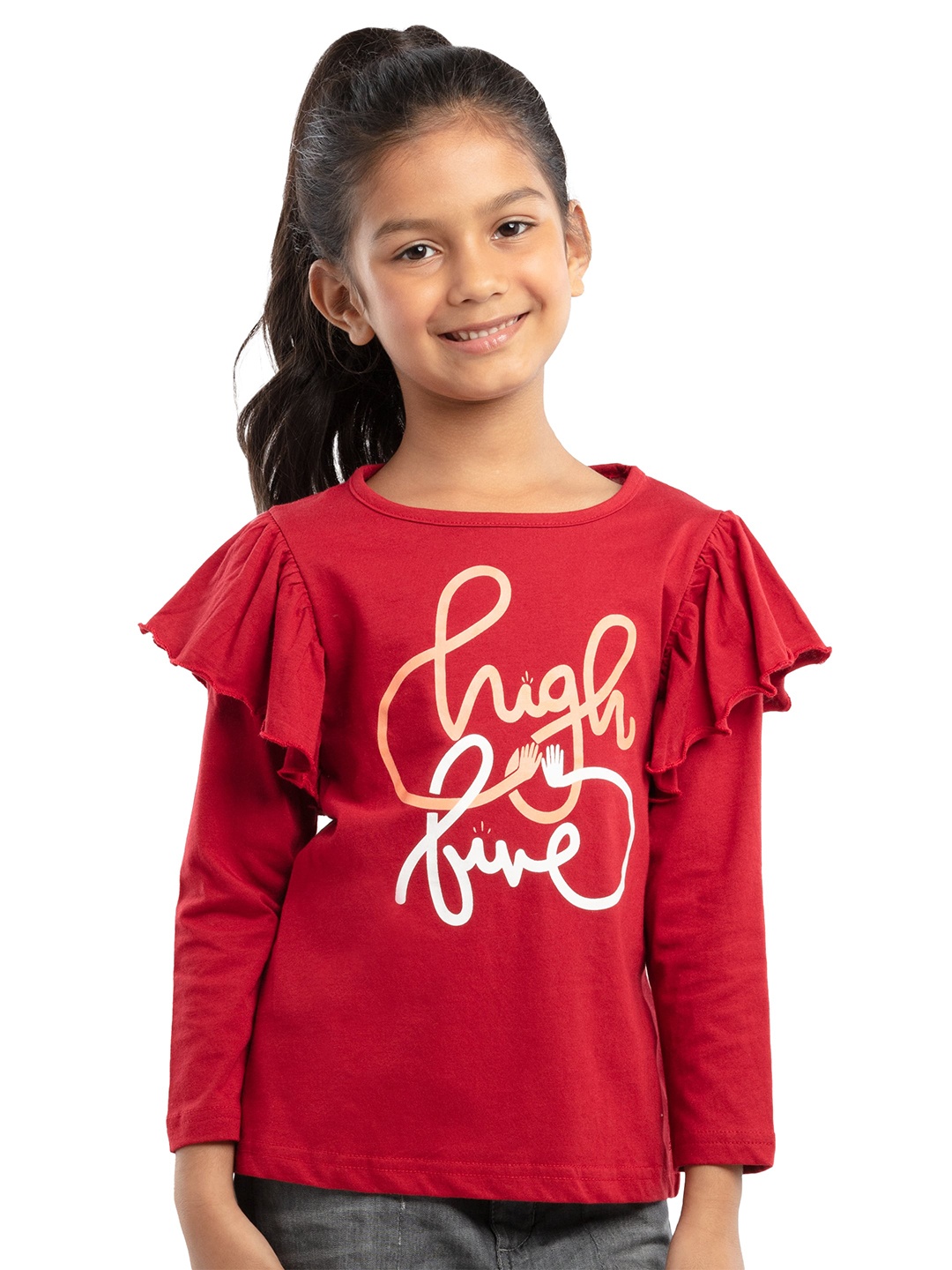 

UNDER FOURTEEN ONLY cotton teen girls Red Print Ruffles Top