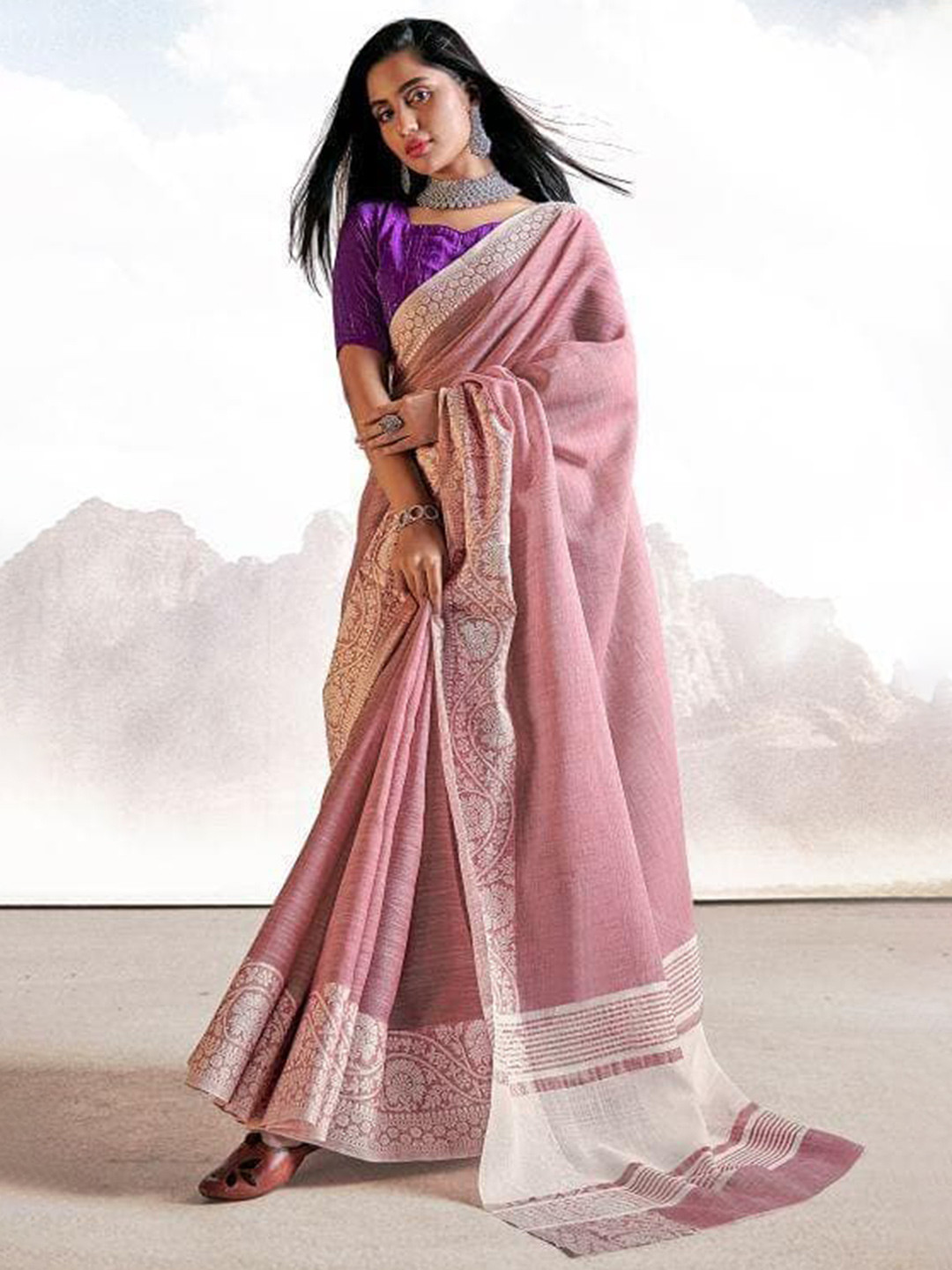 

KARAGIRI Purple & White Linen Blend Saree