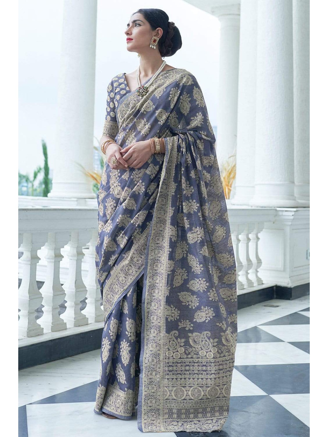 

KARAGIRI Grey Woven Design Jute Cotton Saree