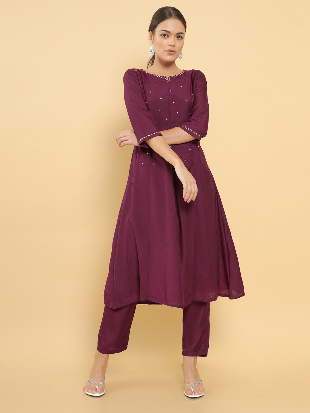 

Soch Women Maroon Panelled Beads & Stones Kurta with Trousers