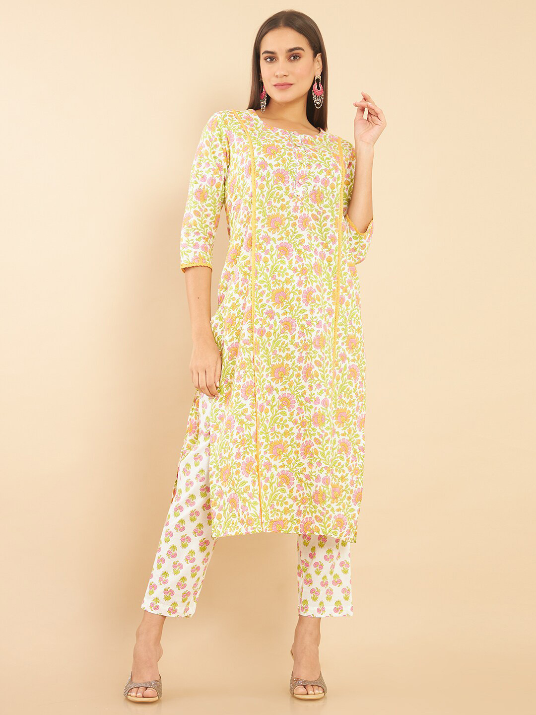 

Soch Women Off White & Yellow Ethnic Motifs Printed Kurta