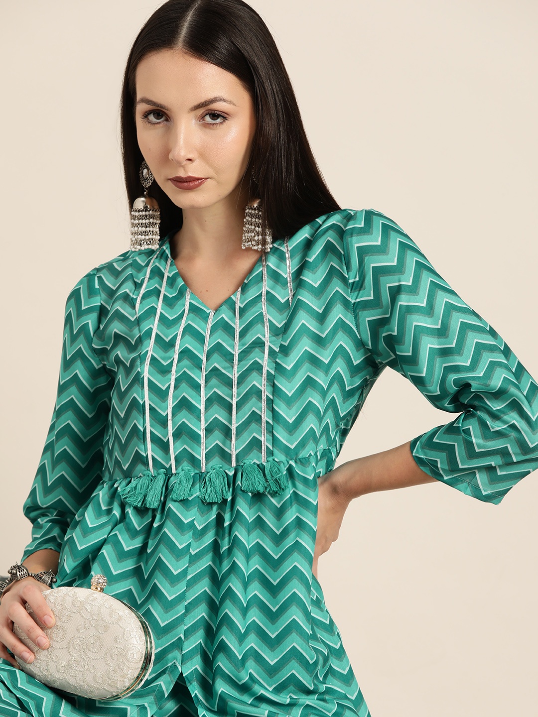 

Moda Rapido Chevron Print Tassel Detailed Ethnic Co-ord, Green