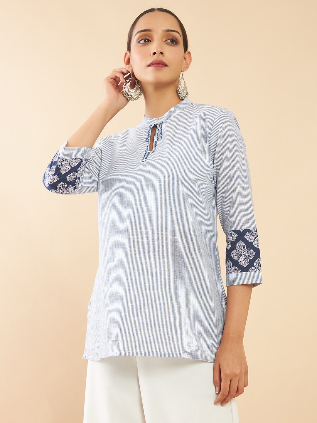 

Soch Blue & White Mandarin Collar Striped Tunic