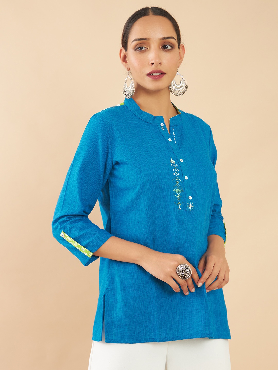 

Soch Blue & Green Mandarin Collar Printed Tunic