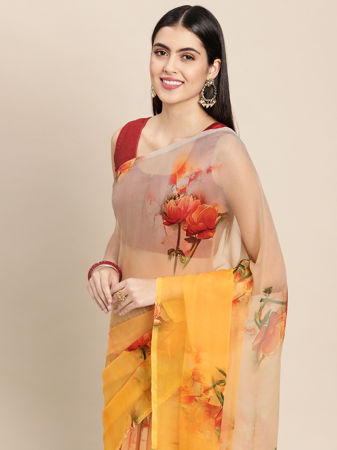 

Rani Saahiba Beige & Yellow Floral Print Pure Georgette Saree