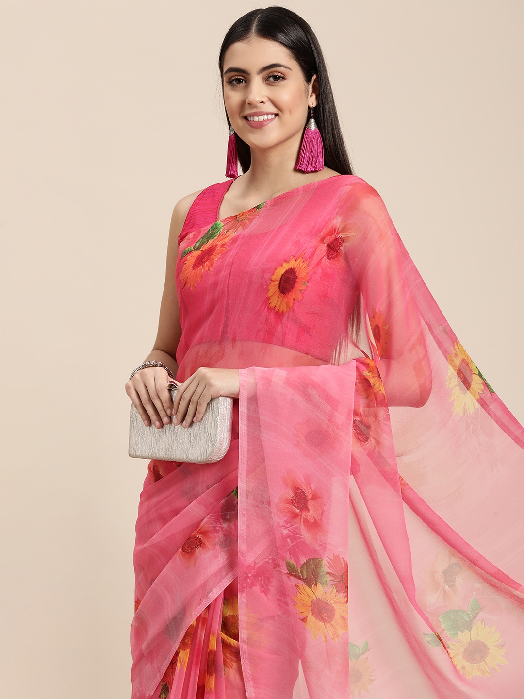 

Rani Saahiba Pink Floral Print Pure Georgette Saree