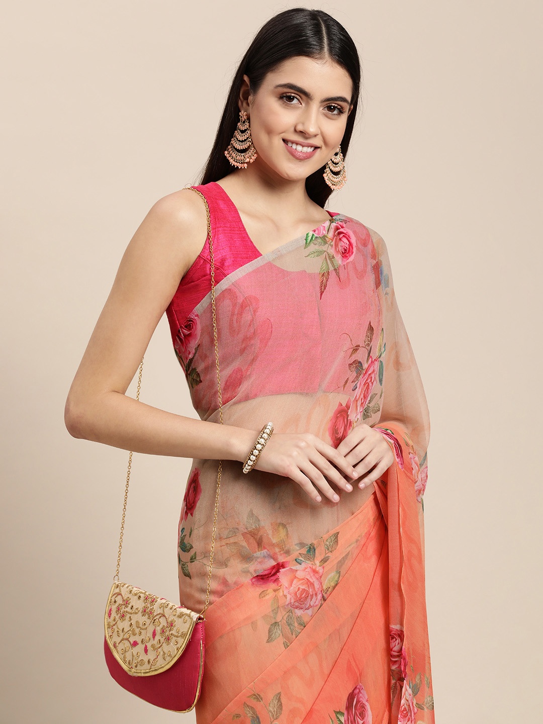 

Rani Saahiba Peach-Coloured & Beige Floral Print Pure Georgette Saree