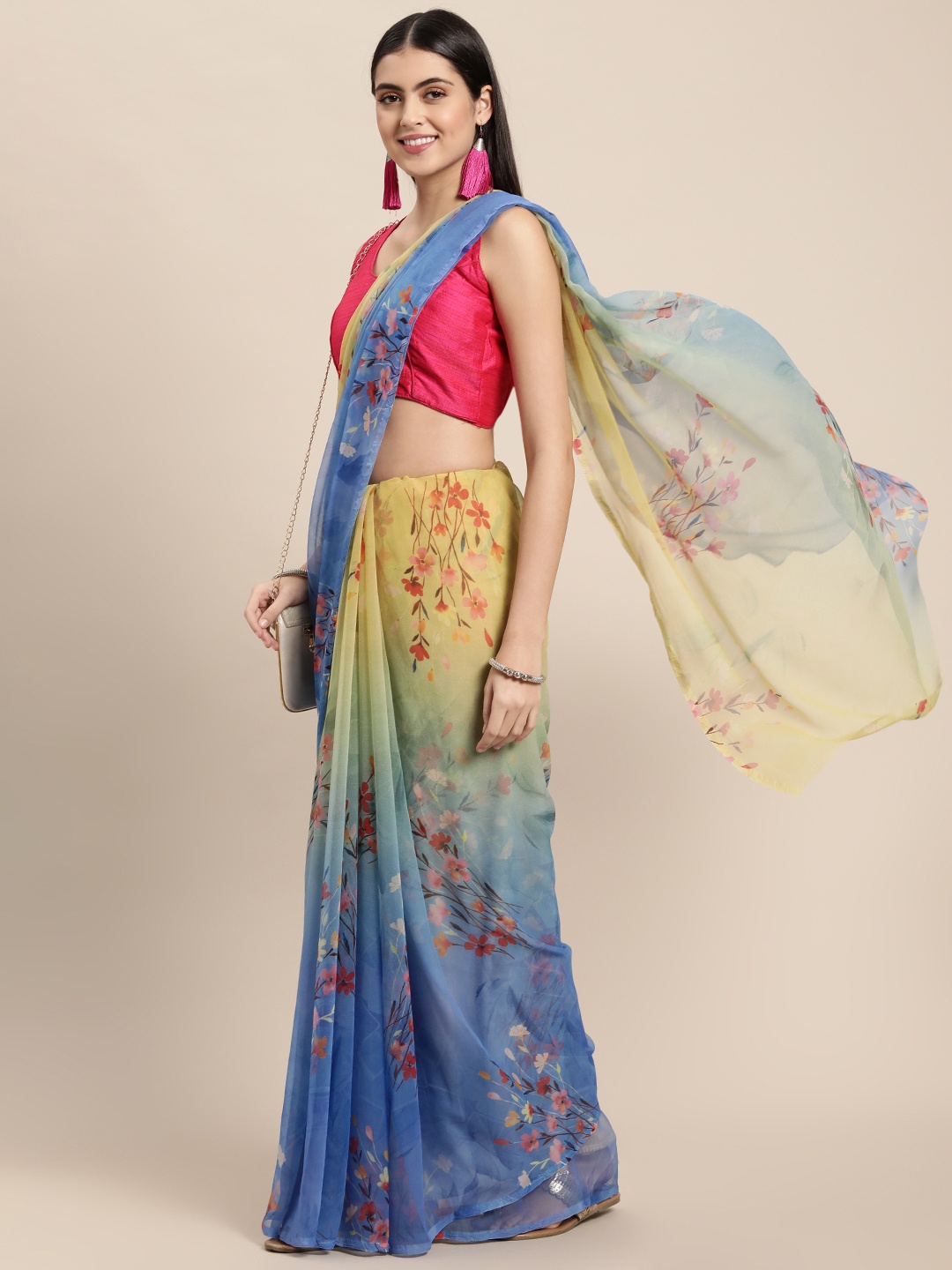 

Rani Saahiba Blue & Yellow Floral Print Pure Georgette Saree