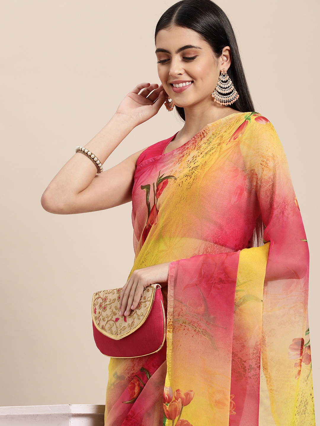 

Rani Saahiba Yellow & Pink Floral Print Pure Georgette Saree
