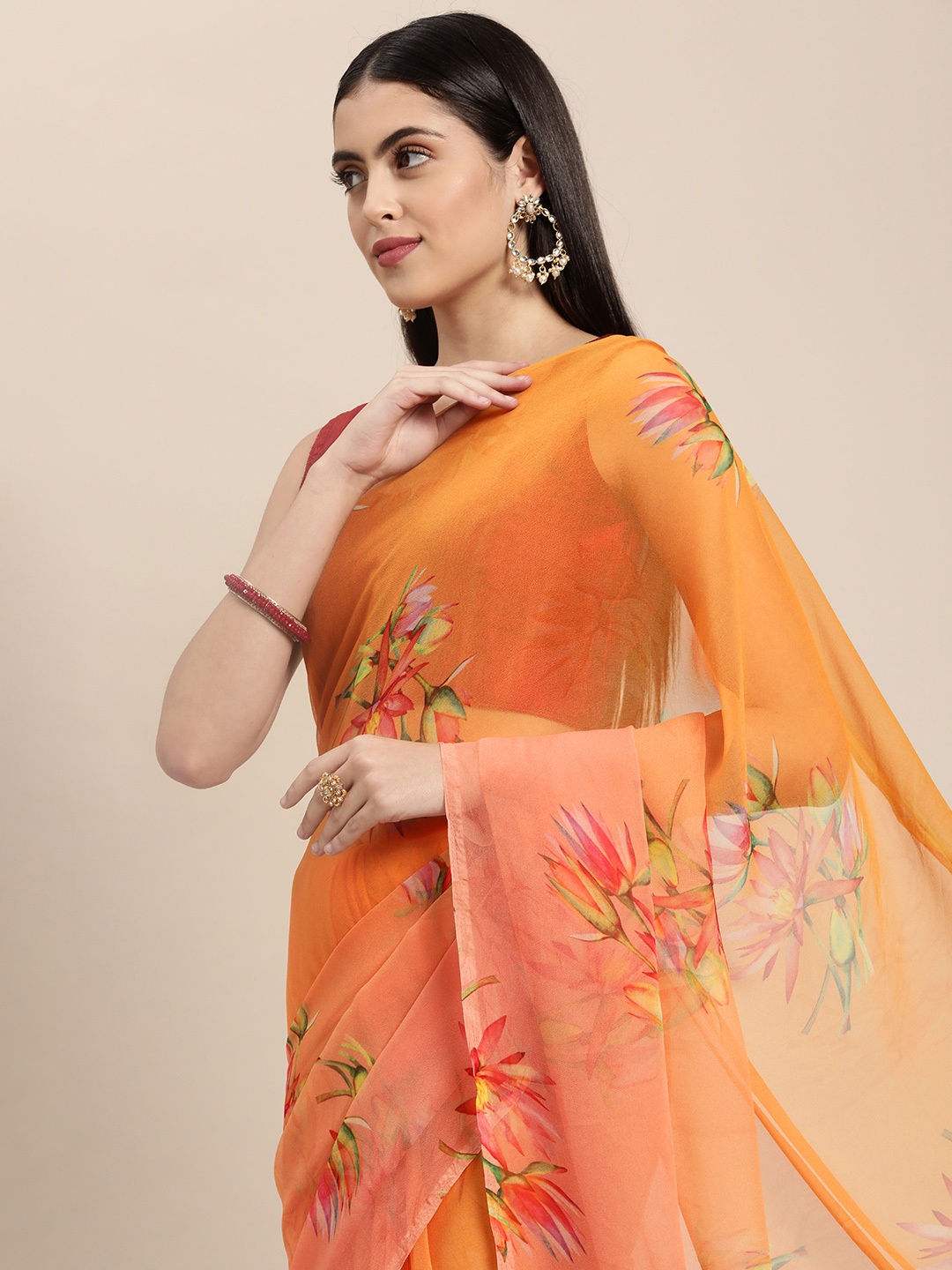 

Rani Saahiba Orange & Peach-Coloured Floral Print Pure Georgette Saree