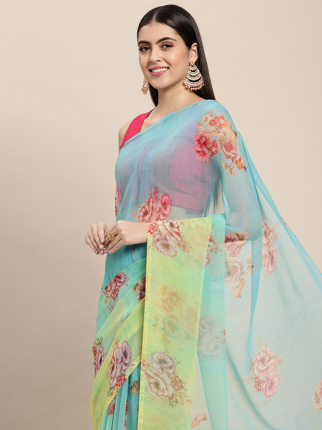 

Rani Saahiba Lime Green & Blue Floral Print Pure Georgette Saree