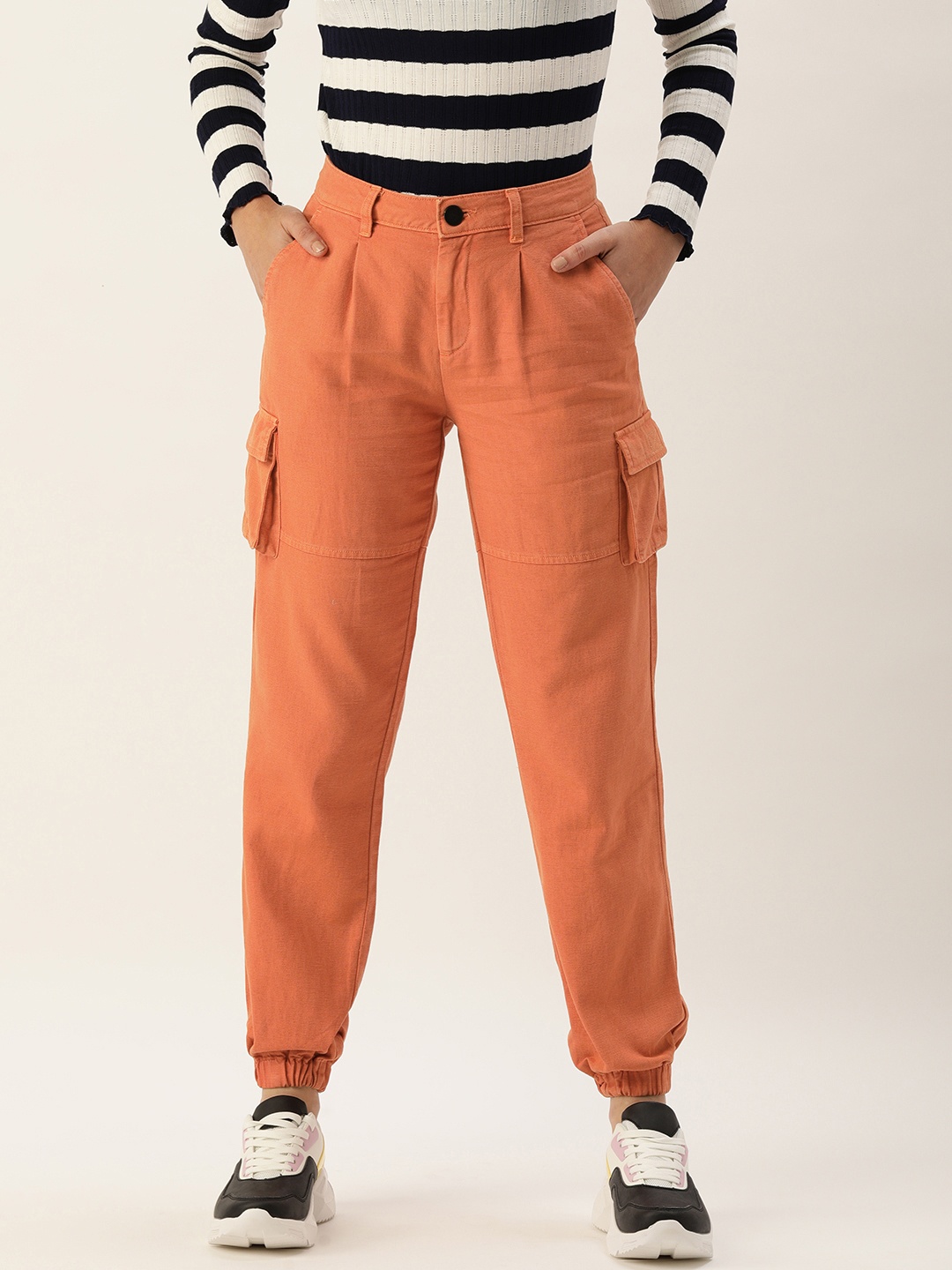 

IVOC Women Orange Regular Fit Pleated Cotton Cargo Joggers Trousers