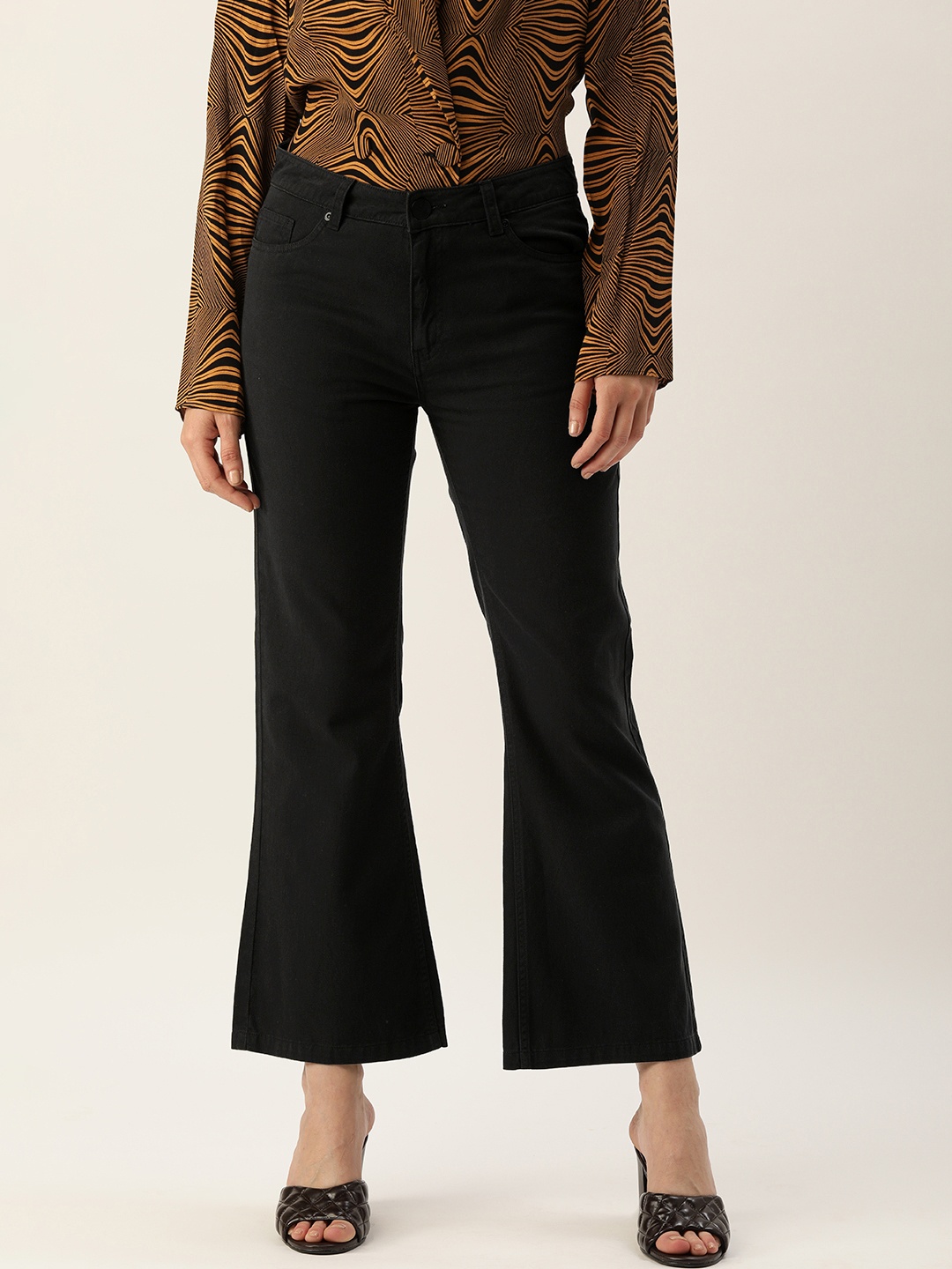 

IVOC Women Mid -Rise Black Bootcut Cotton Trousers