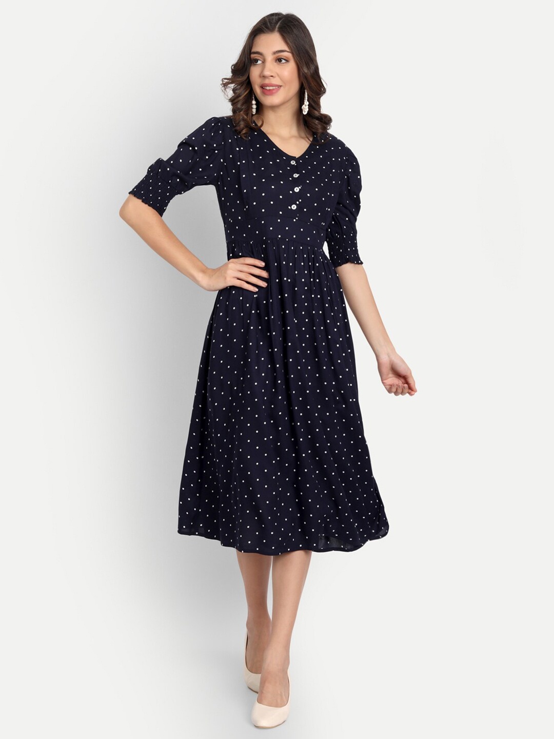 

Aaruvi Ruchi Verma Navy Blue & White Polka Dots Printed Maternity Midi Dress