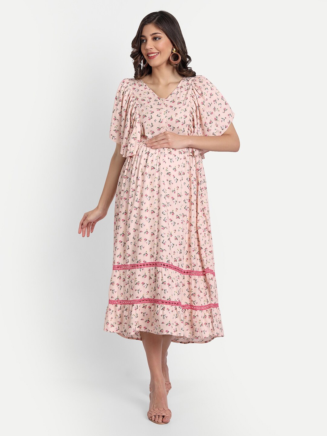 

Aaruvi Ruchi Verma Pink Floral Printed Maternity Midi Dress