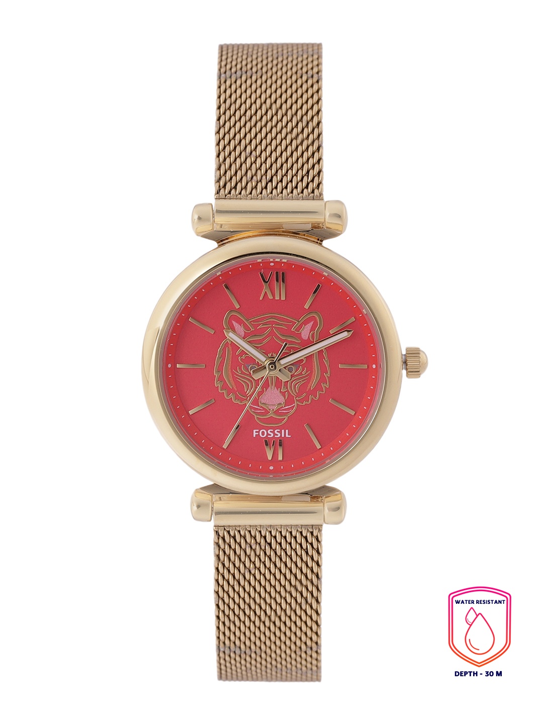 

Fossil Women Red Printed Dial & Gold Toned Bracelet Style Straps Analogue Watch ES5155