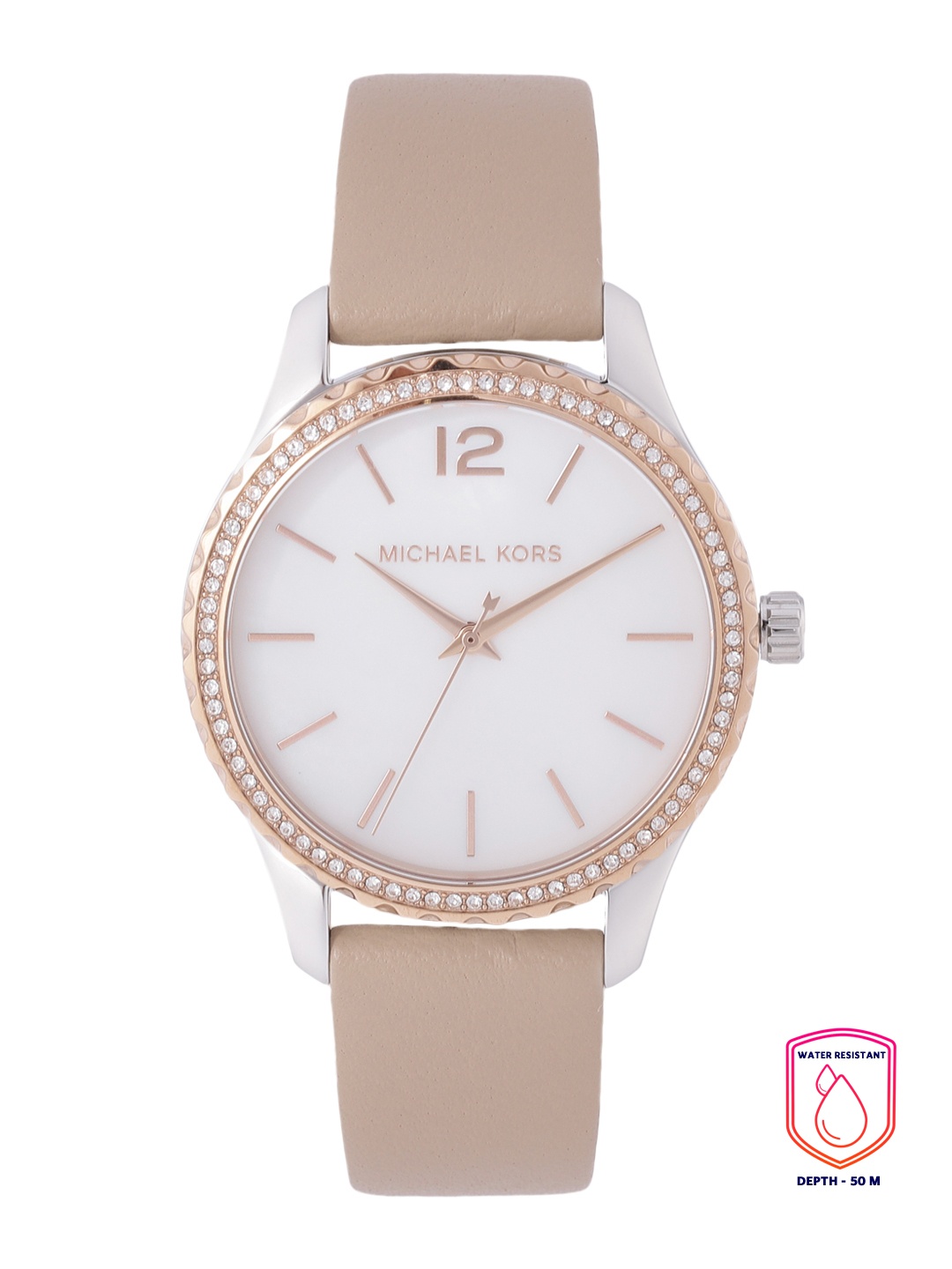 

Michael Kors Women White Dial & Beige Leather Straps Analogue Watch MK2910