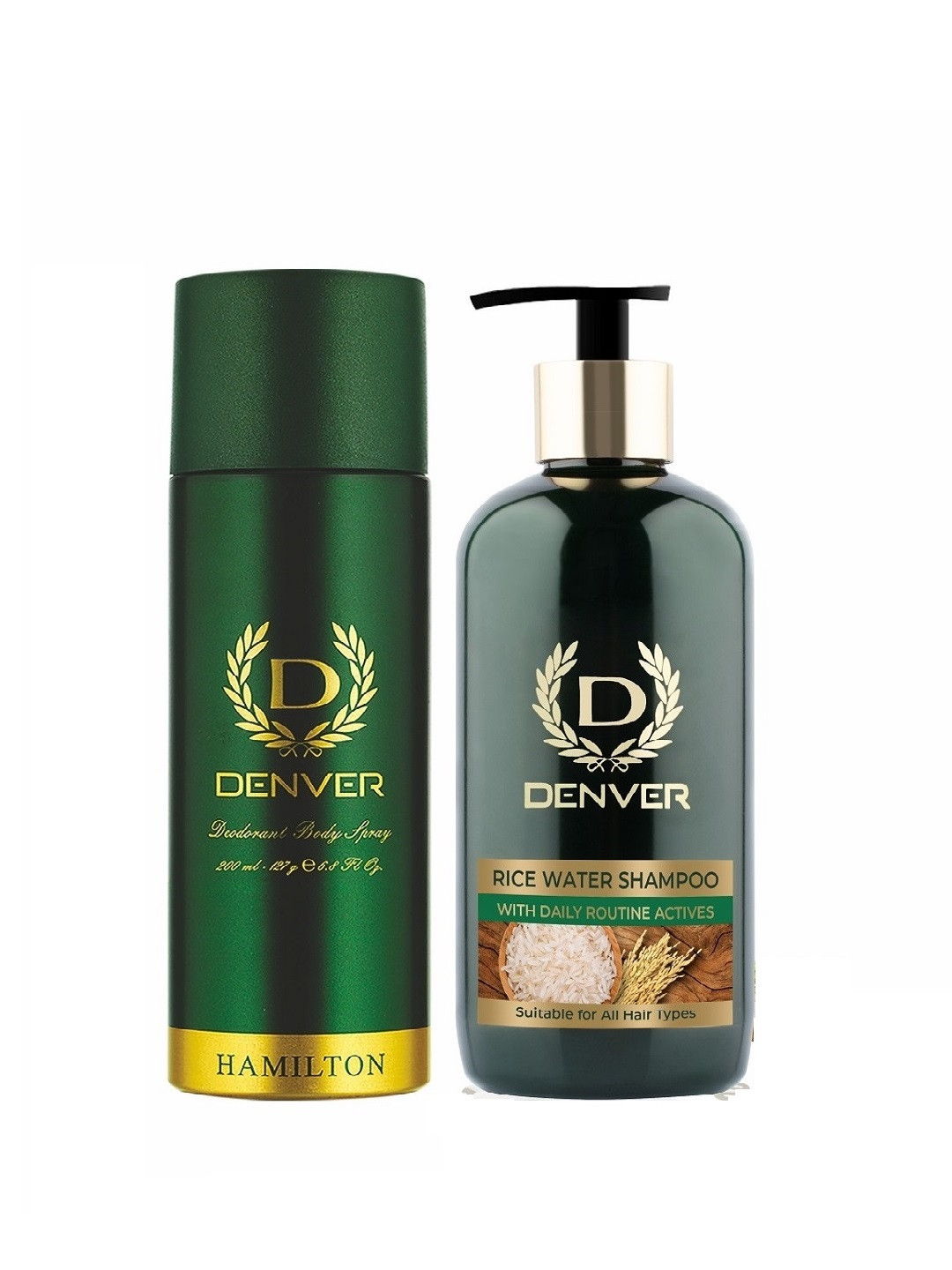 

Denver Men Hamilton Deodorant 127g & Rice Water Daily Routine Shampoo 300ml, Green