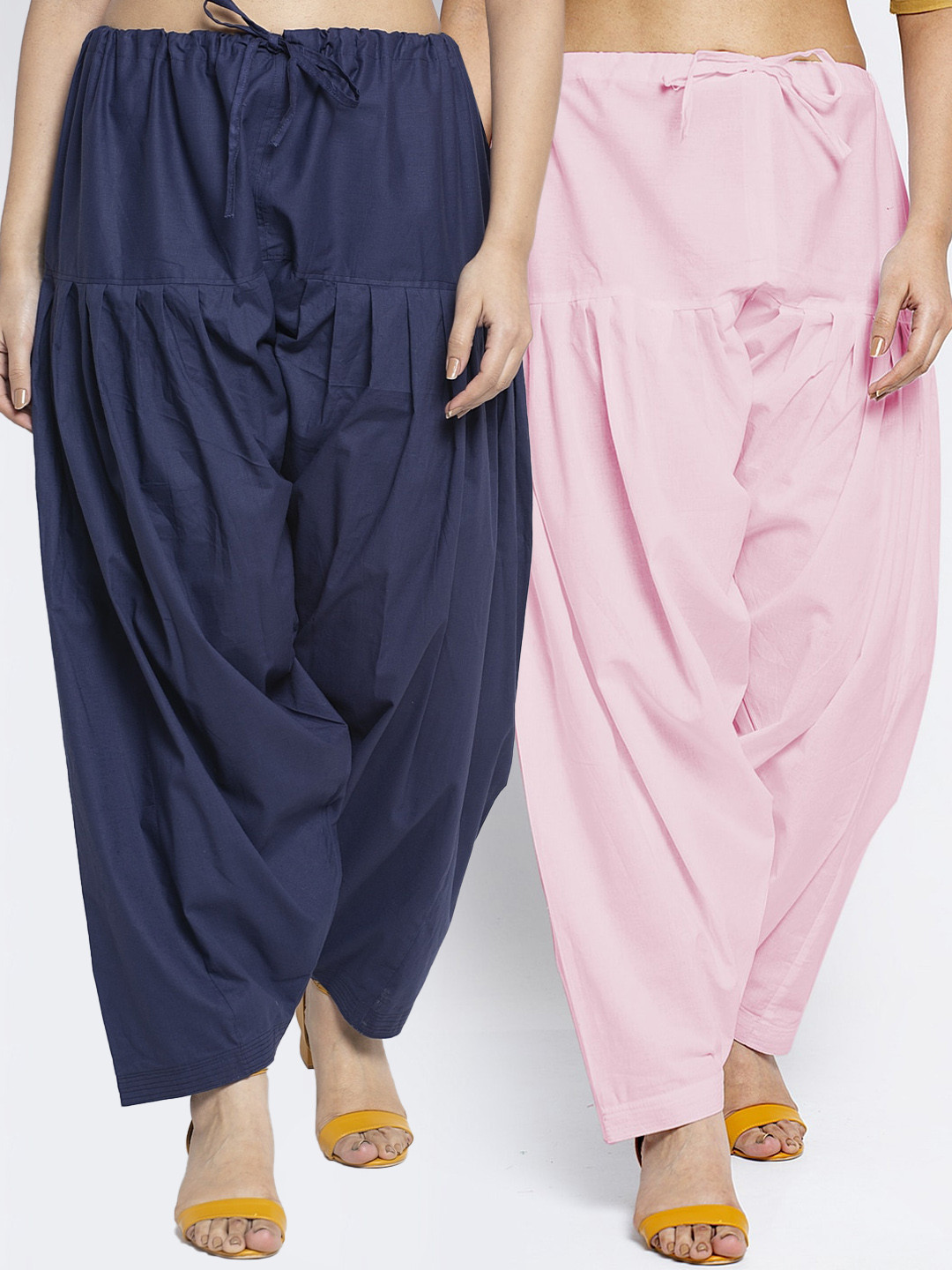 

Jinfo Women Pack of 2 Pink & Navy Blue Solid Pure Cotton Loose-Fit Salwar
