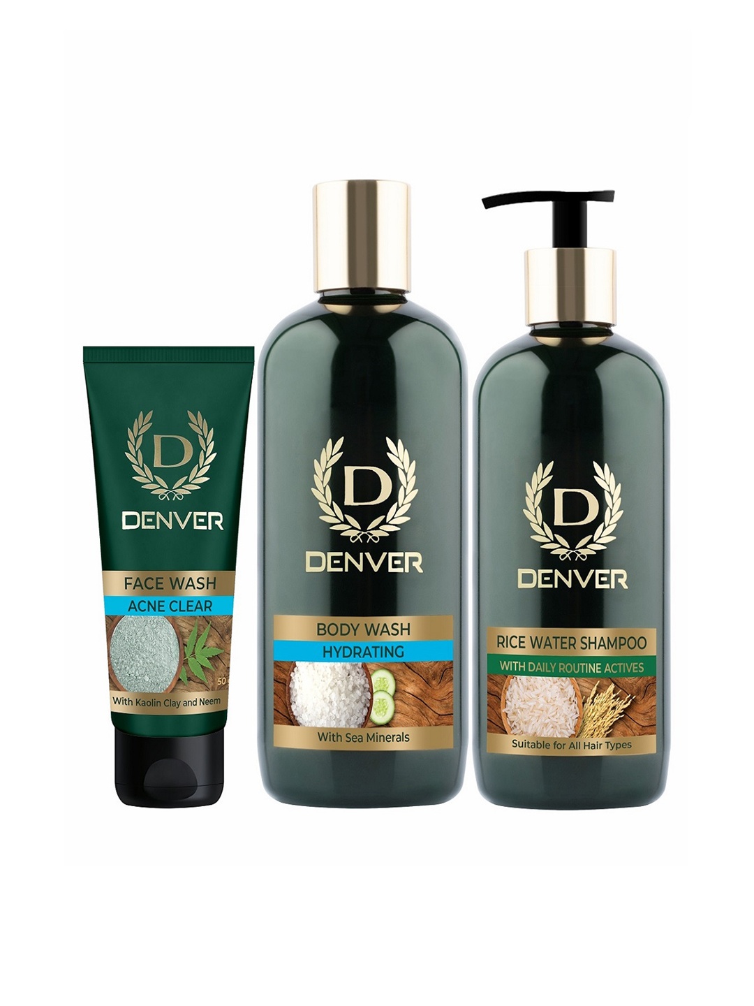 

Denver Men Acne Clear Face Wash 50g + Hydrating Body Wash 325ml + Rice Water Shampoo 300ml, Green