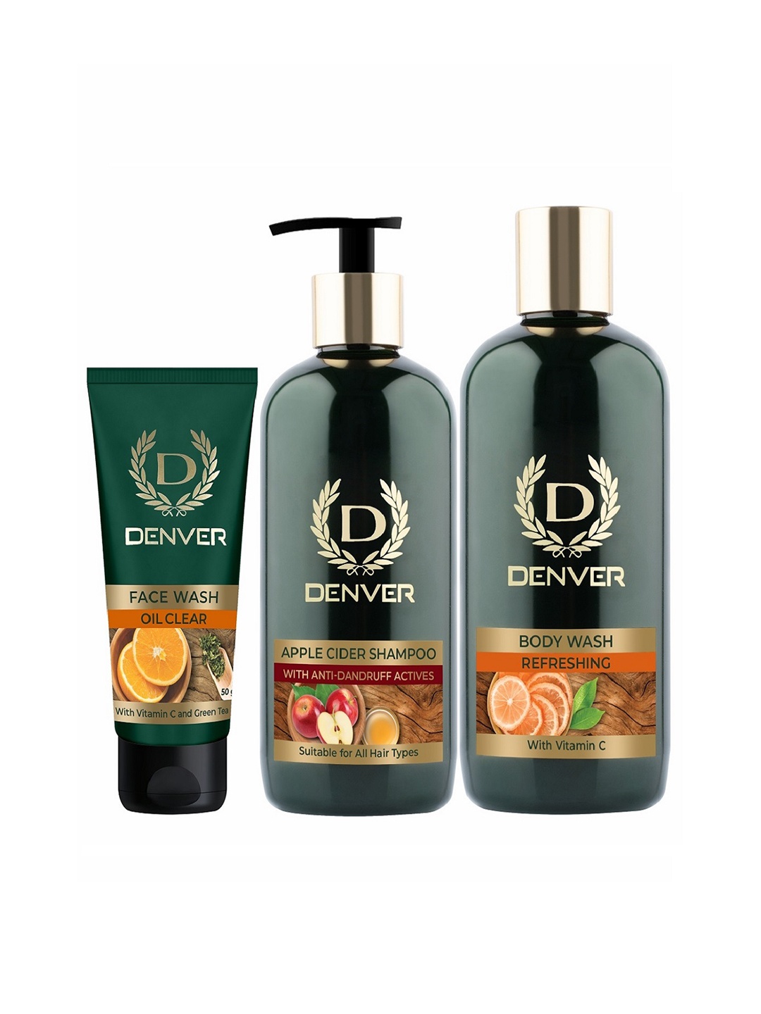 

Denver Oil Clear Face Wash 50g + Apple Cider Shampoo 300ml + Refreshing Body Wash 325ml, Green