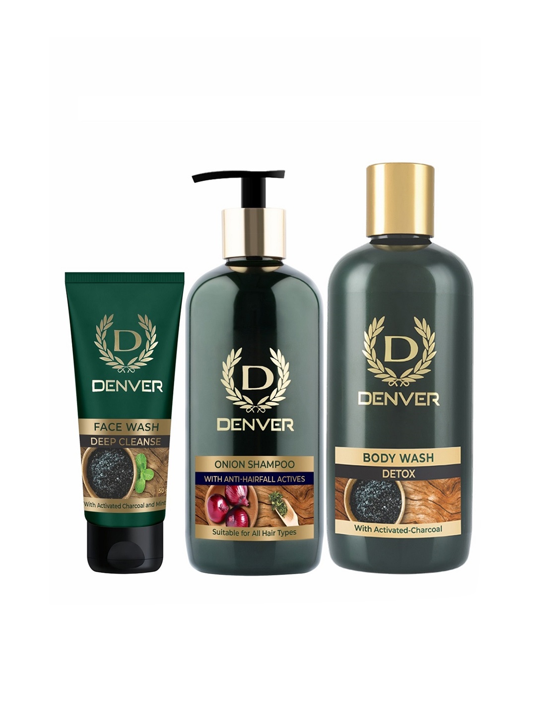 

Denver Men Deep Cleanse Face Wash 50g + Onion Shampoo 300ml + Detox Body Wash 325ml, Green