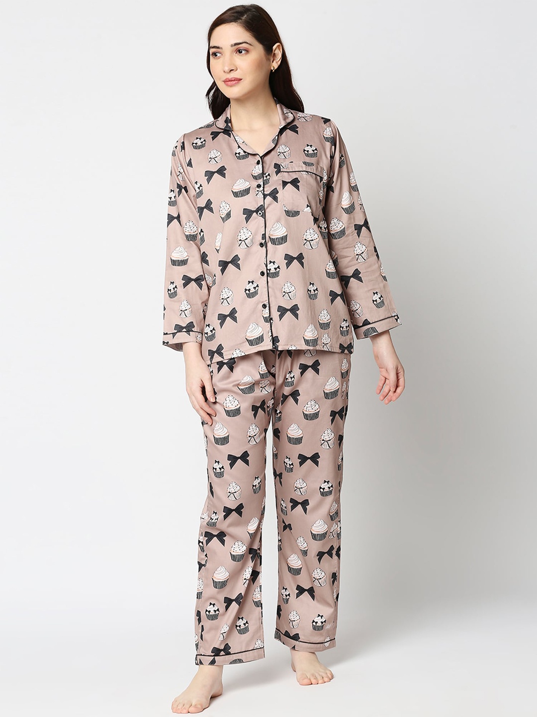 

Pyjama Party Women Brown & Grey Printed Night suit
