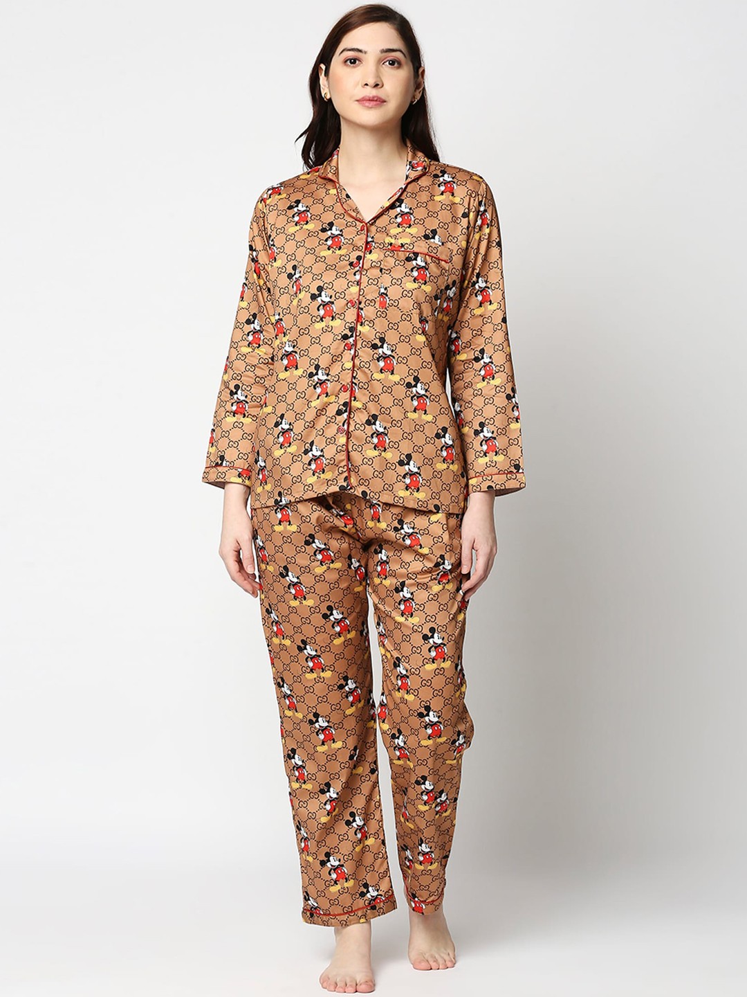 

Pyjama Party Women Brown & Red Printed Pure Cotton Night suit
