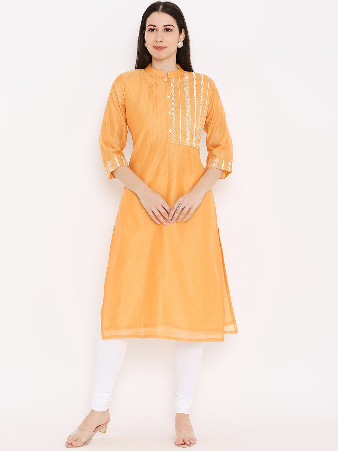 

Peppertree Women Orange Embroidered Thread Work Chanderi Silk Kurta