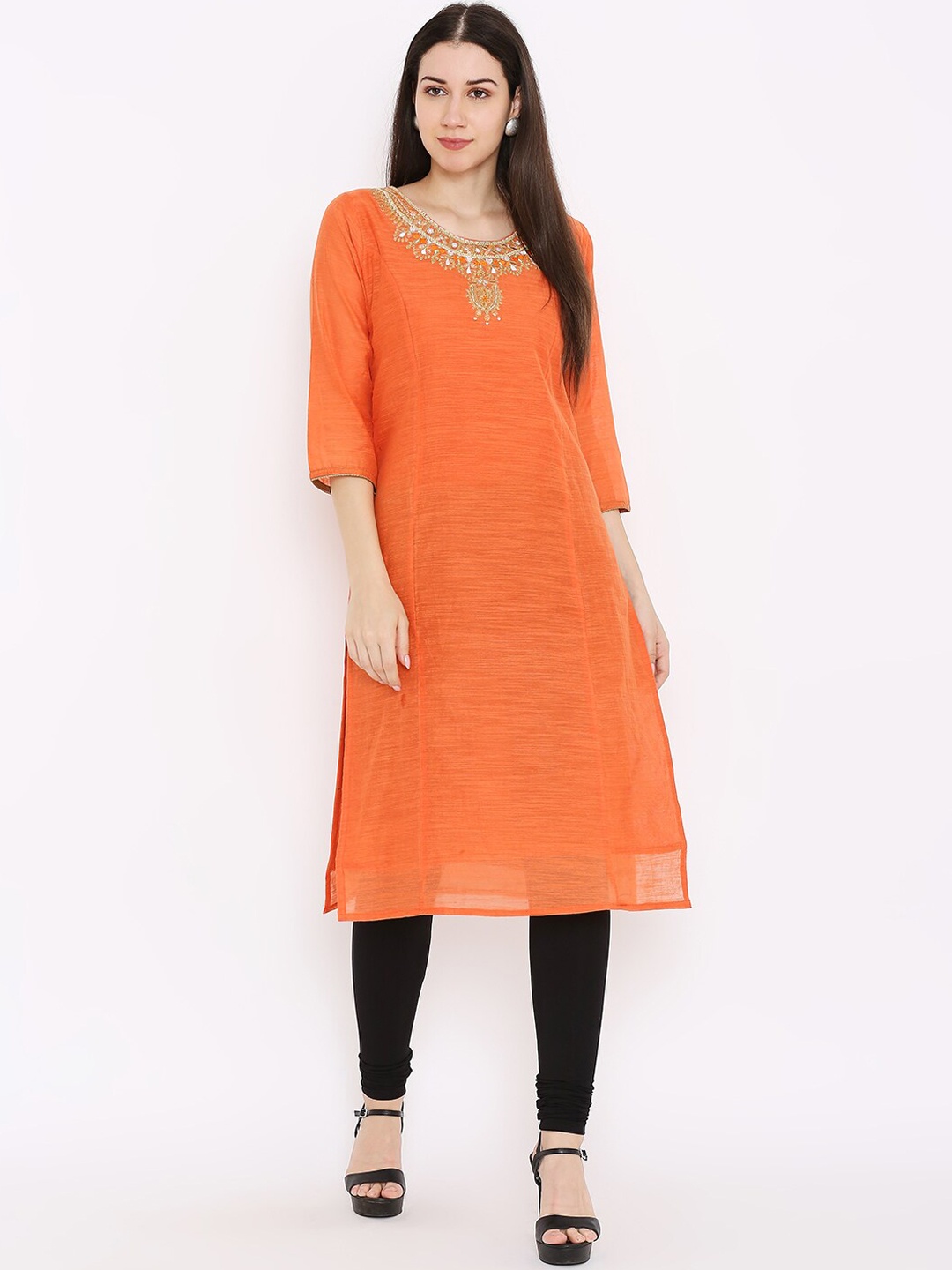 

Peppertree Women Orange Thread Work Chanderi Silk Kurta